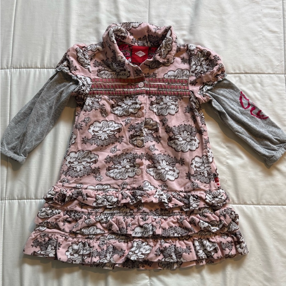 Oilily Girls' Pink Layered Ruffle Dress with Gray Long Sleeves